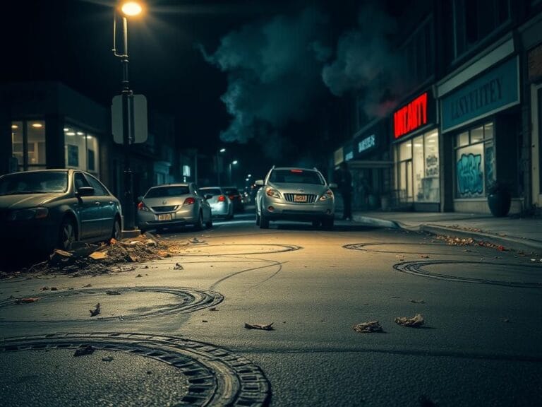 Flick International Chaotic urban street at night after a street takeover with tire marks and debris