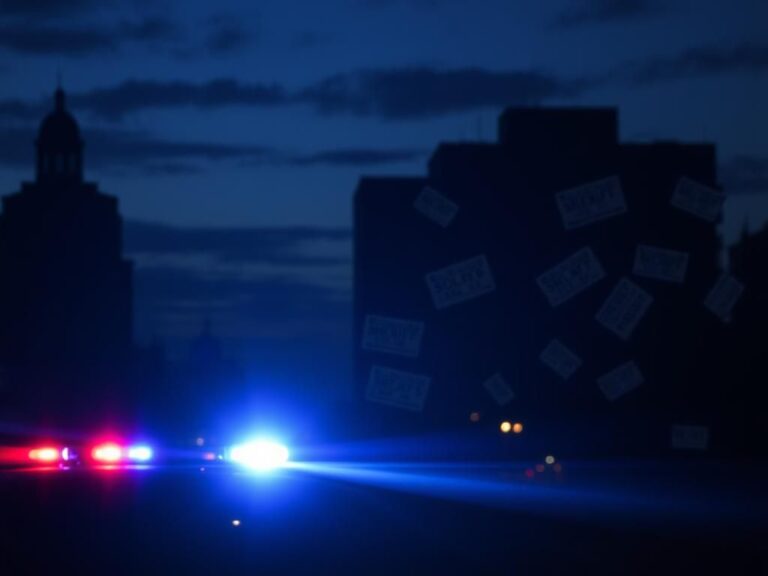 Flick International Somber twilight cityscape with silhouetted police barricade and flashing lights