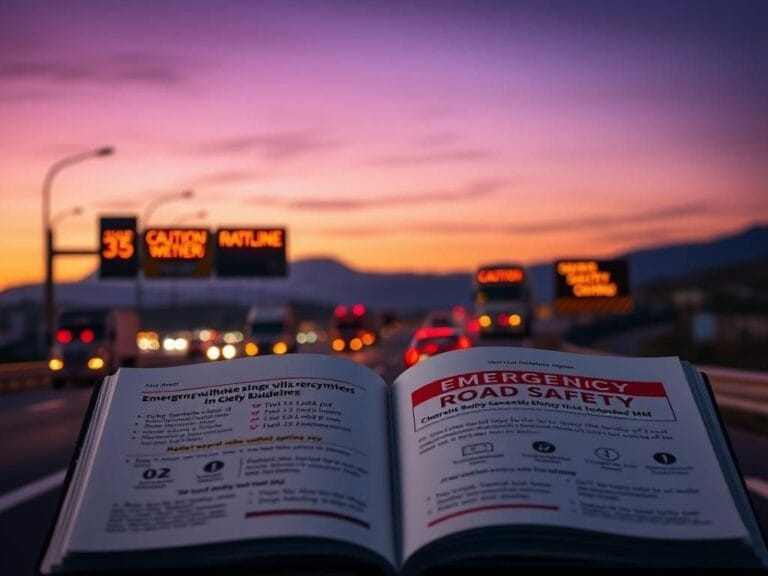 Flick International A busy highway scene at dusk with visible traffic signs and passing vehicles.