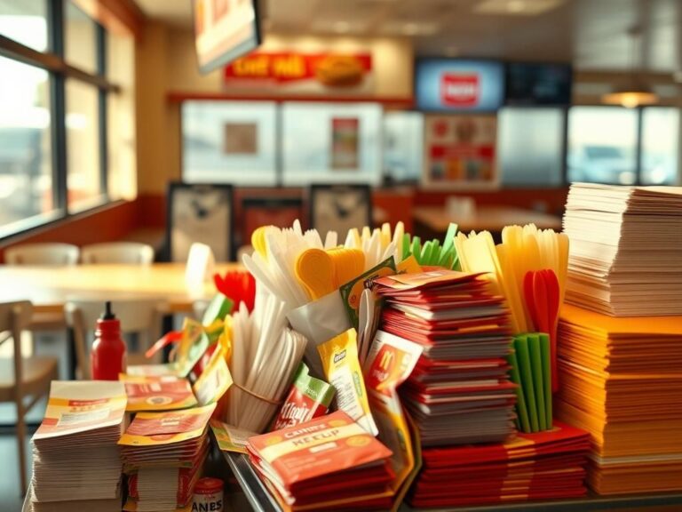 Flick International A neatly arranged condiment station with colorful packets and utensils