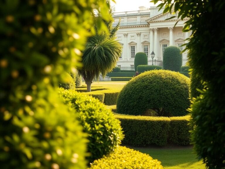 Flick International Queen Elizabeth II hiding behind lush green bushes at Buckingham Palace during a state visit