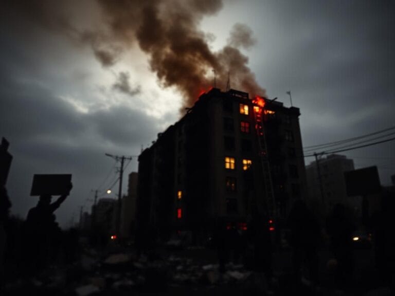 Flick International Dimly lit urban scene with a partially burned building and smoke rising, symbolizing unrest and conflict.