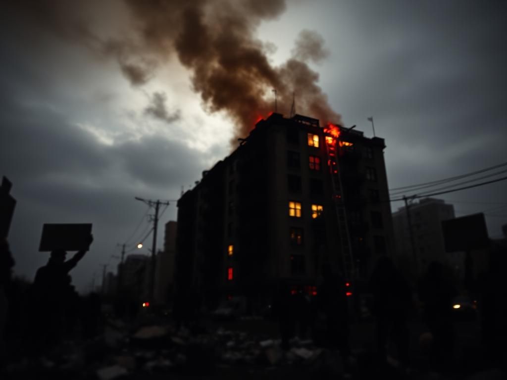 Flick International Dimly lit urban scene with a partially burned building and smoke rising, symbolizing unrest and conflict.