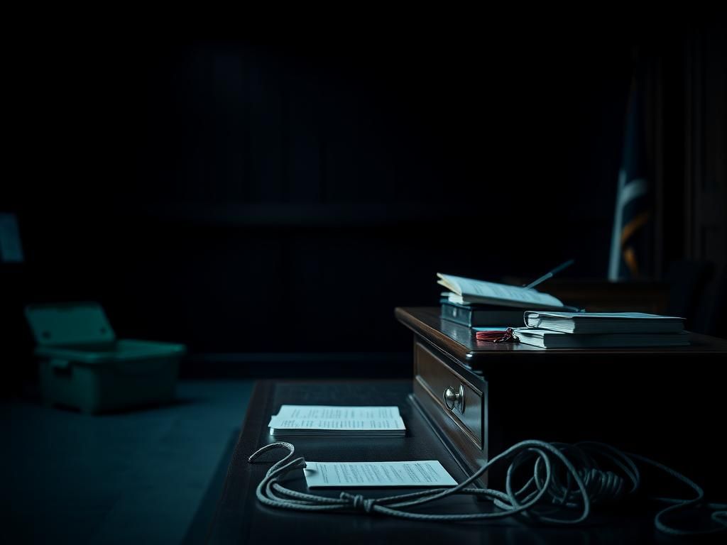 Flick International Somber courtroom scene with a judge's bench and scattered legal documents