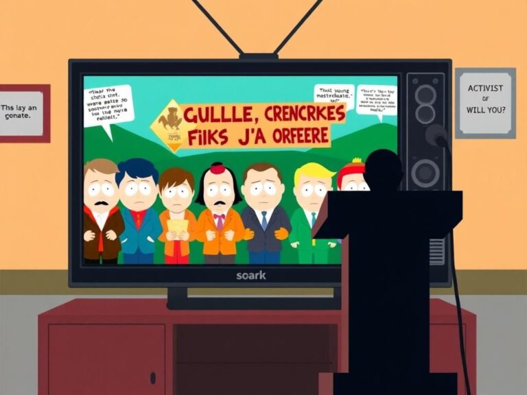 Flick International Television screen showing a colorful animated scene inspired by a South Park parody episode.