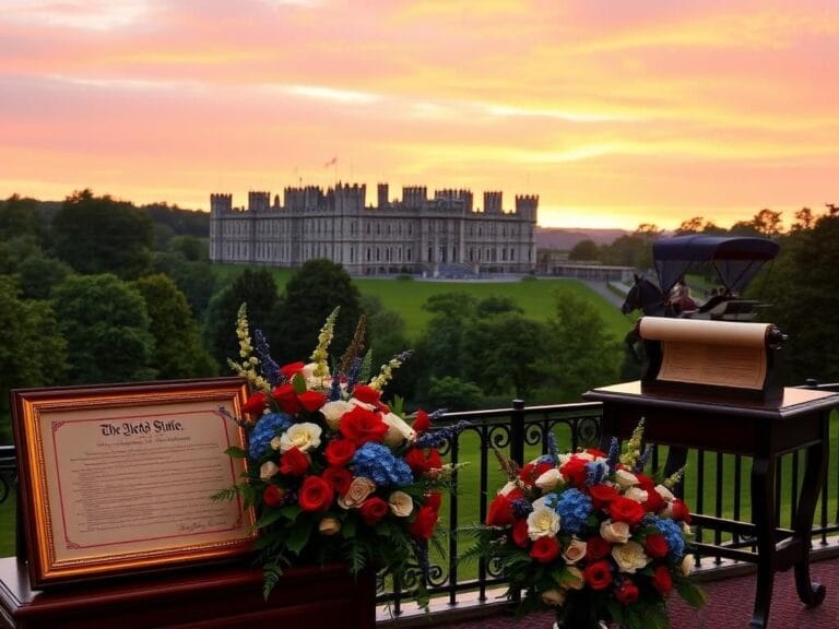 Flick International Majestic view of Windsor Castle at sunset with red, white, and blue floral arrangements symbolizing U.S.-UK relations
