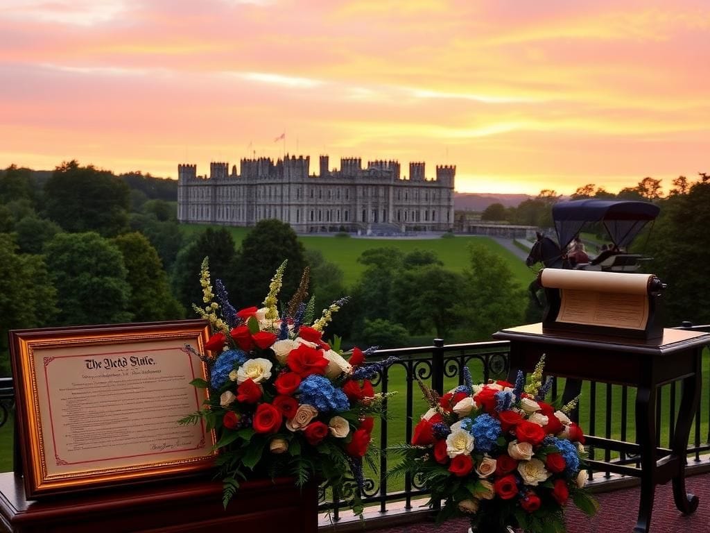 Flick International Majestic view of Windsor Castle at sunset with red, white, and blue floral arrangements symbolizing U.S.-UK relations