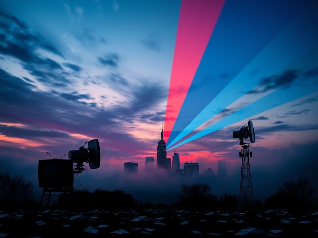 Flick International Abstract representation of public airwaves with television antennas against a twilight sky