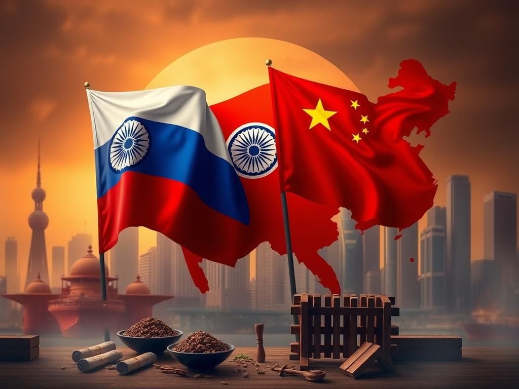 Flick International Flags of India, Russia, and China displayed prominently against a stylized map backdrop