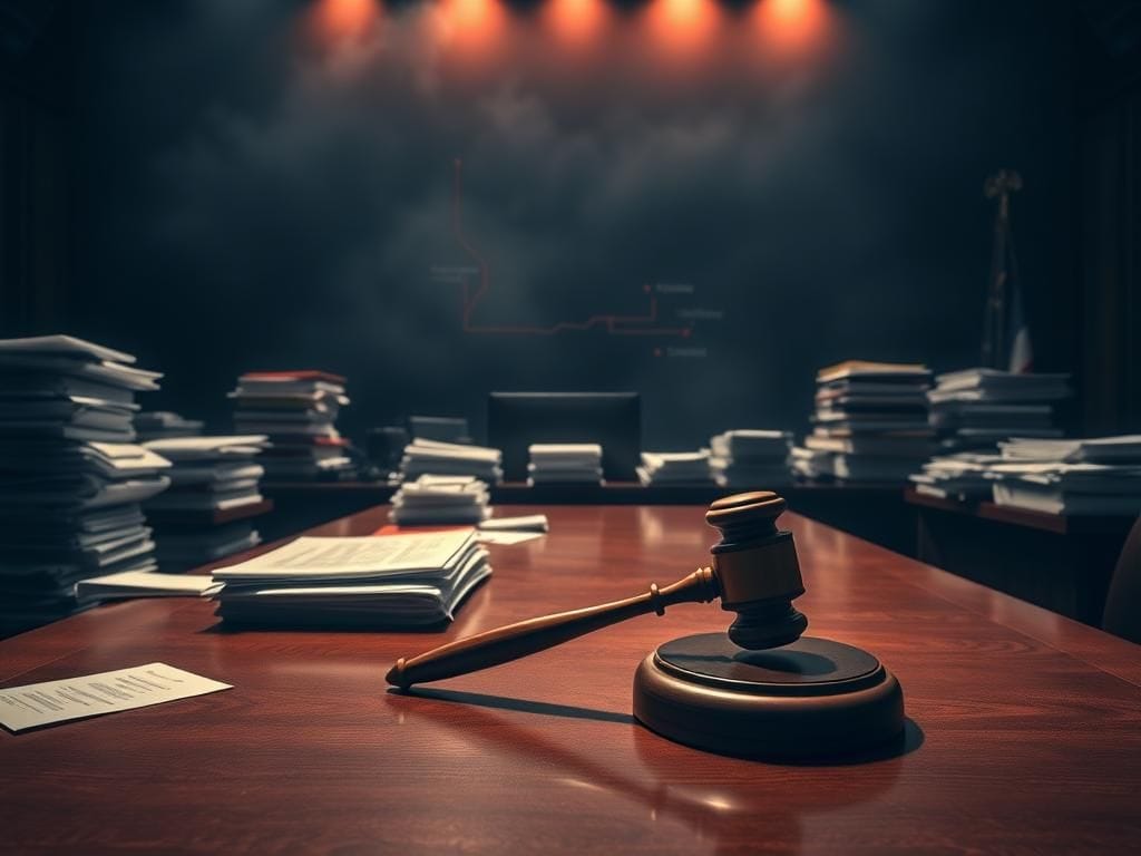 Flick International Dimly lit courtroom with legal documents representing immigration and criminal activity