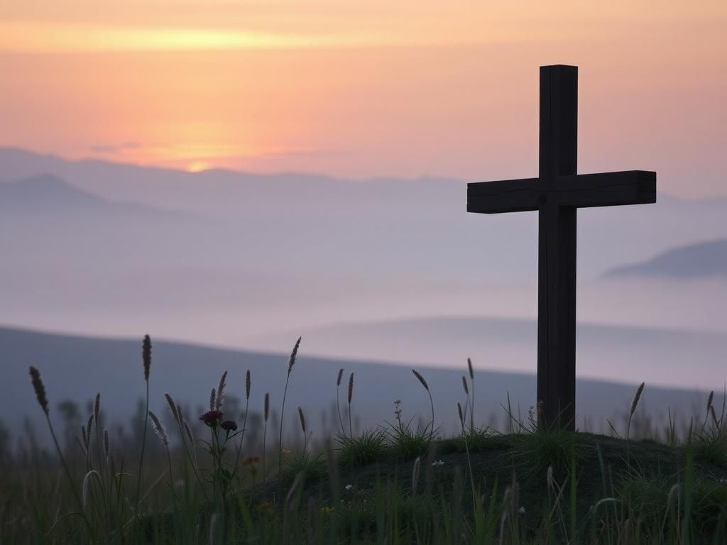 Flick International A serene countryside landscape at dawn with a wooden cross symbolizing faith and forgiveness.