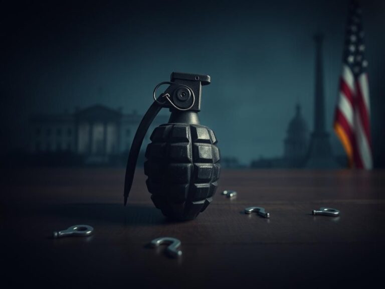 Flick International Close-up of a hand grenade on a wooden table with the pin pulled, symbolizing political uncertainty