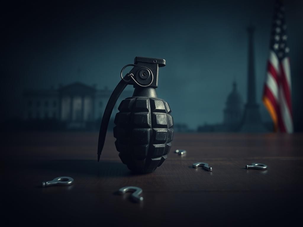Flick International Close-up of a hand grenade on a wooden table with the pin pulled, symbolizing political uncertainty