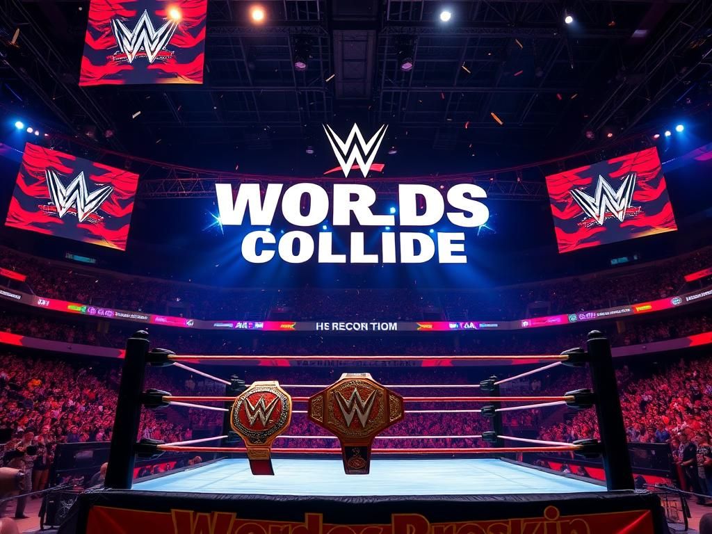 Flick International Vibrant wrestling ring in a packed indoor arena during the 'Worlds Collide' event, featuring championship belts and colorful lights.