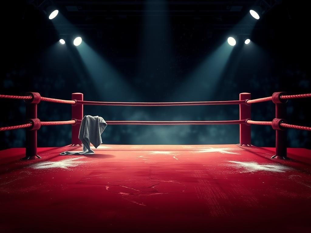 Flick International A boxing ring showing the aftermath of a fierce match with a sweat-stained towel and scattered chalk dust