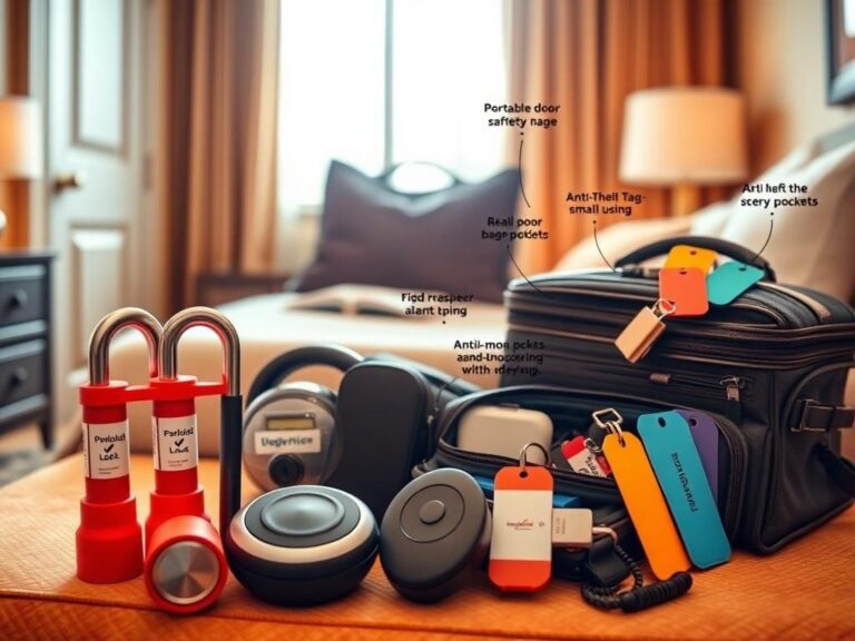 Flick International A travel scene depicting essential personal security devices including a portable door lock, door stoppers, safety alarm, and anti-theft bag in a cozy hotel room.