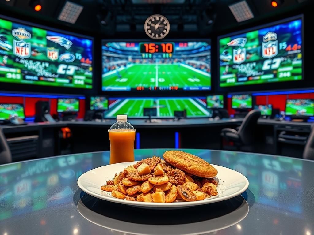 Flick International A modern sports broadcasting studio filled with high-tech equipment and NFL game highlights