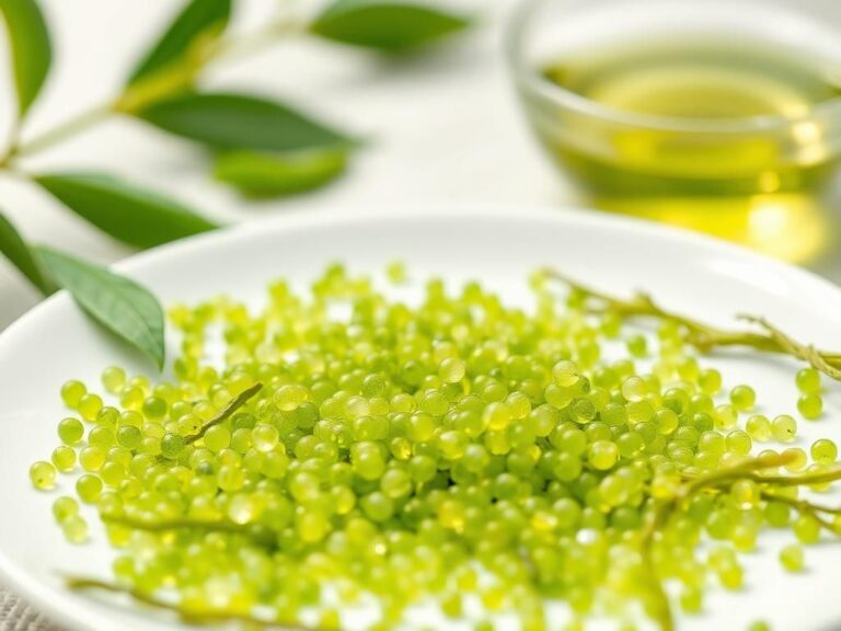 Flick International Close-up of vibrant green tea microbeads on a white plate with fresh green tea leaves and seaweed