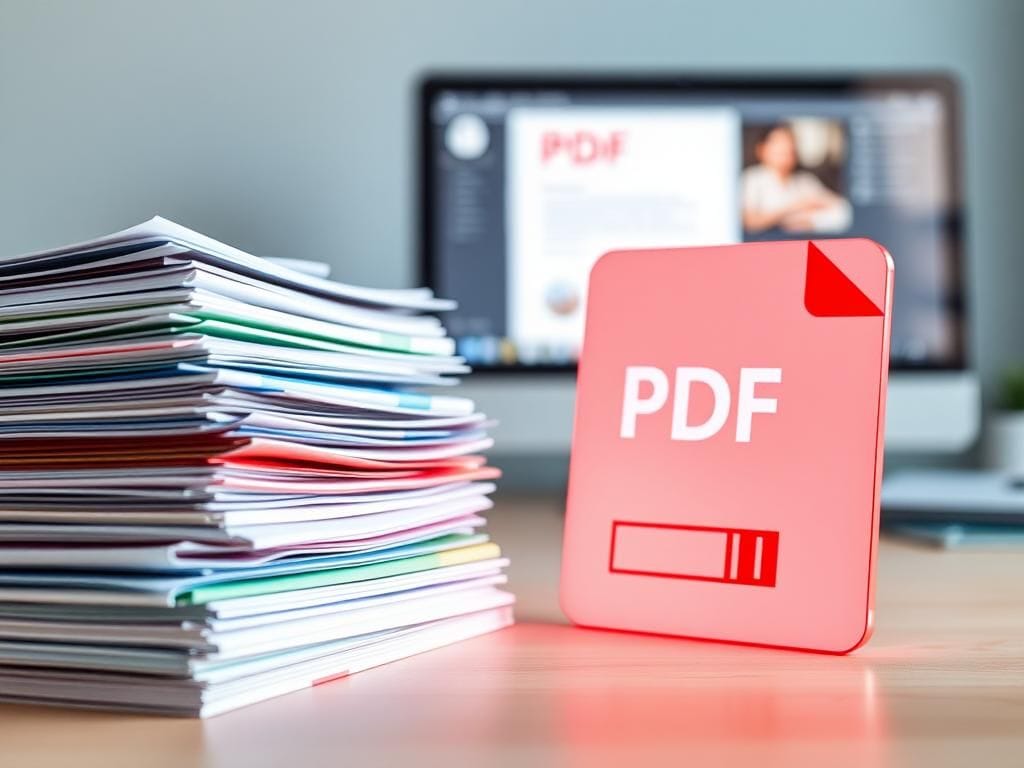 Flick International A serene workspace featuring various document types transitioning into a digital PDF icon.
