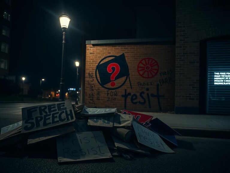 Flick International Dark urban street scene at night with protest signs and graffiti