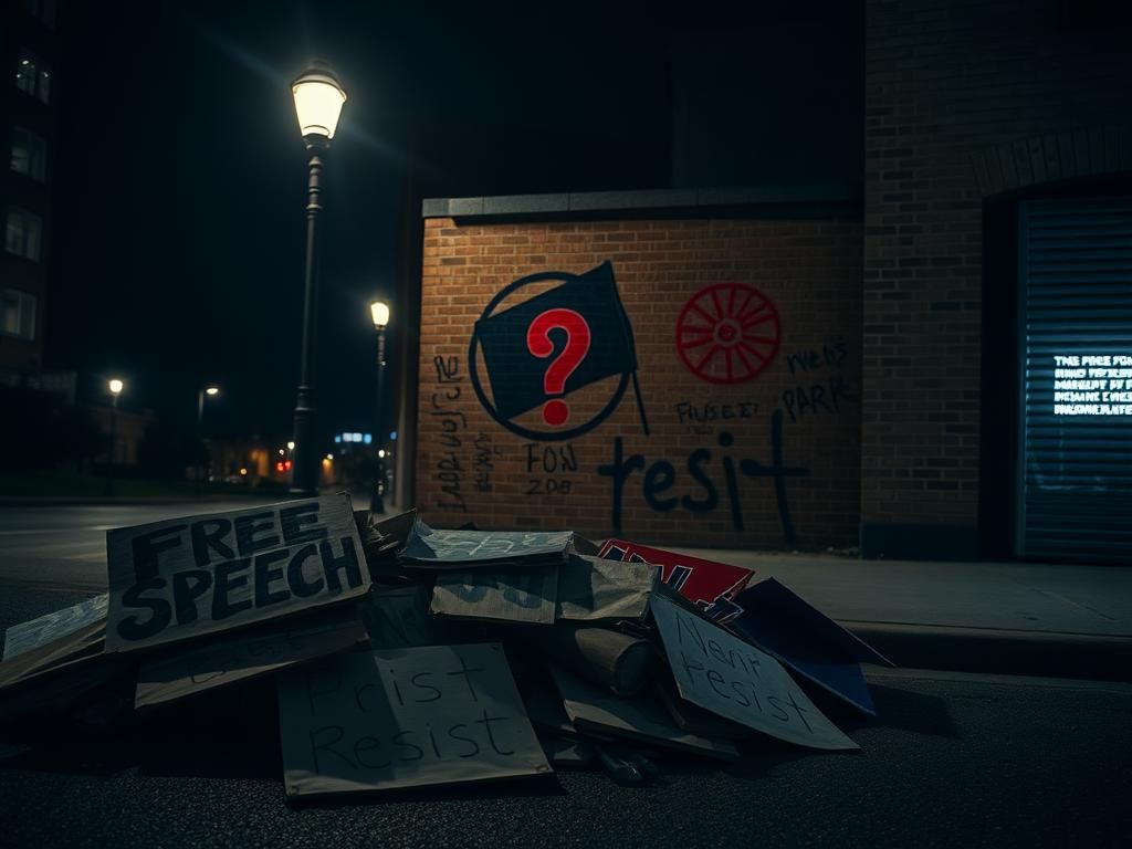 Flick International Dark urban street scene at night with protest signs and graffiti