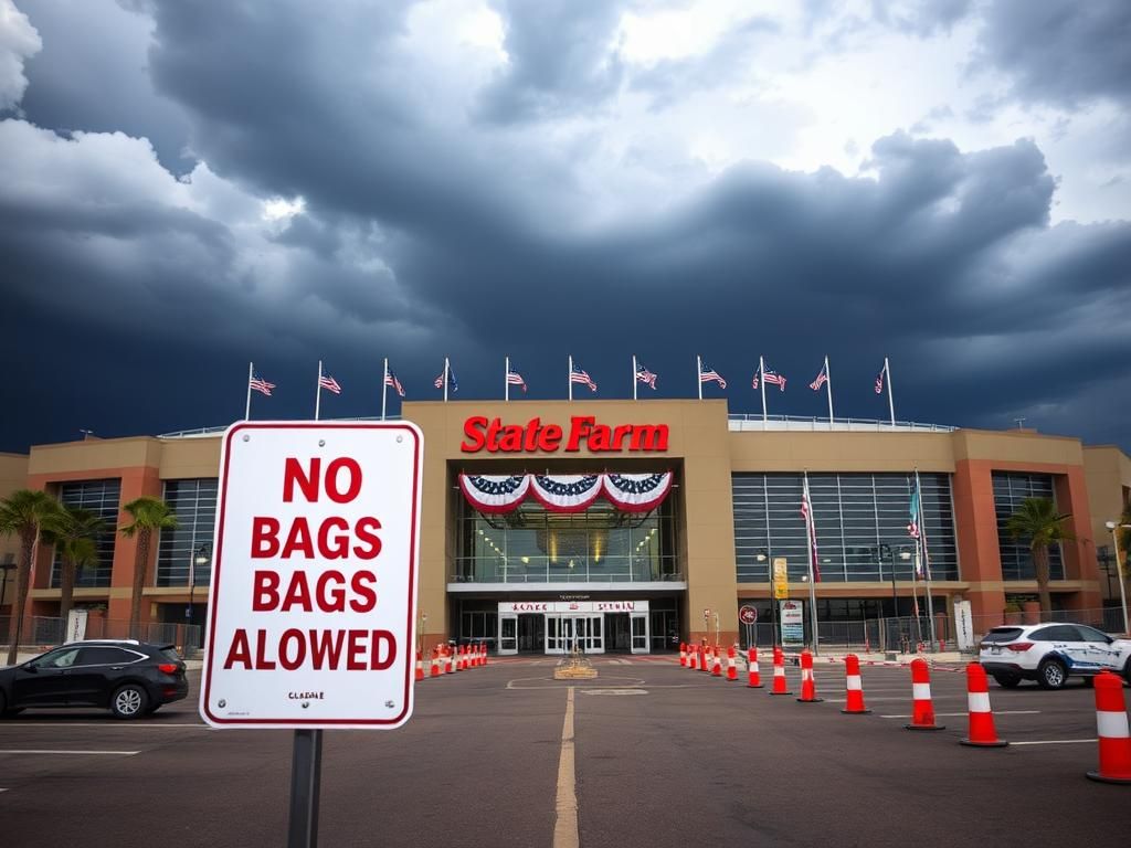 Flick International A solemn outdoor scene at State Farm Stadium with security measures for Charlie Kirk's funeral