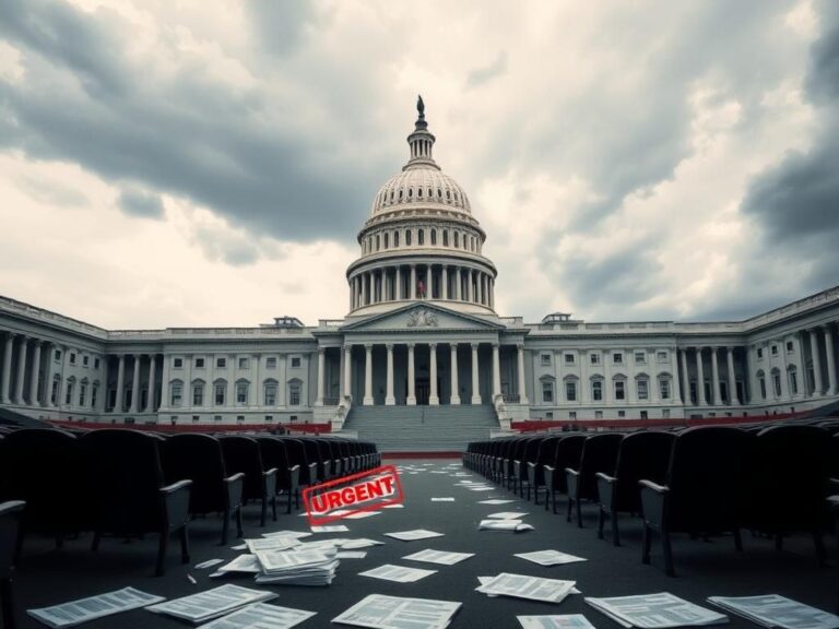 Flick International Dramatic view of the U.S. Capitol building under an overcast sky with an empty legislative chamber.