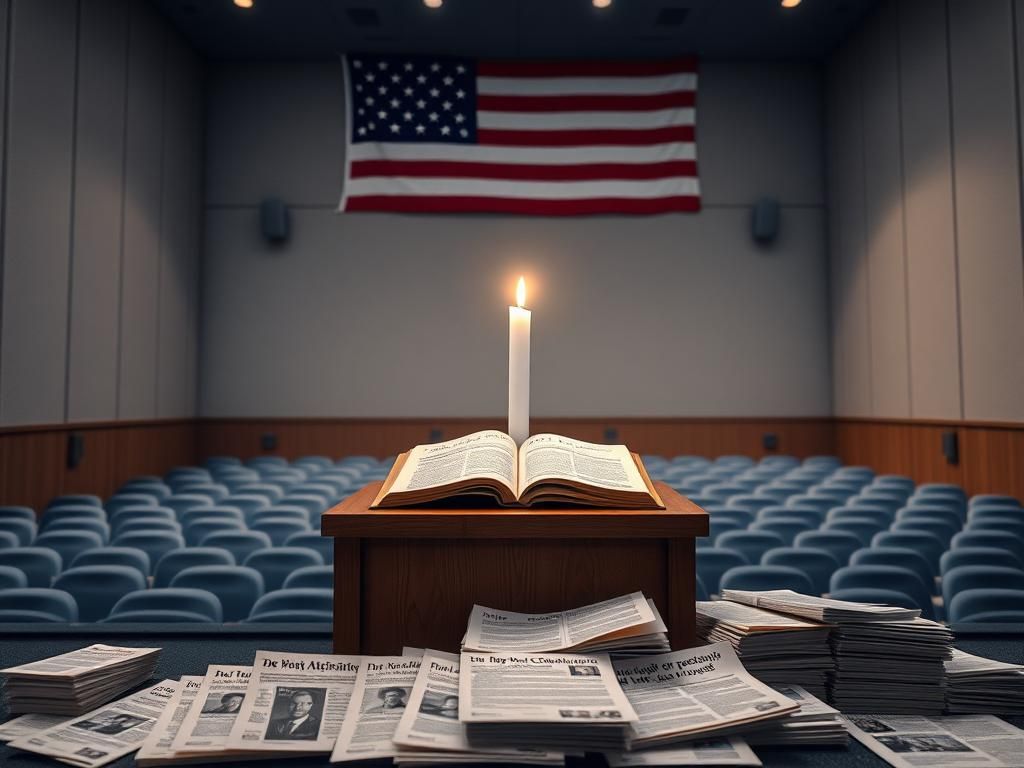 Flick International Empty podium in a college auditorium with an American flag backdrop, symbolizing reflection and loss