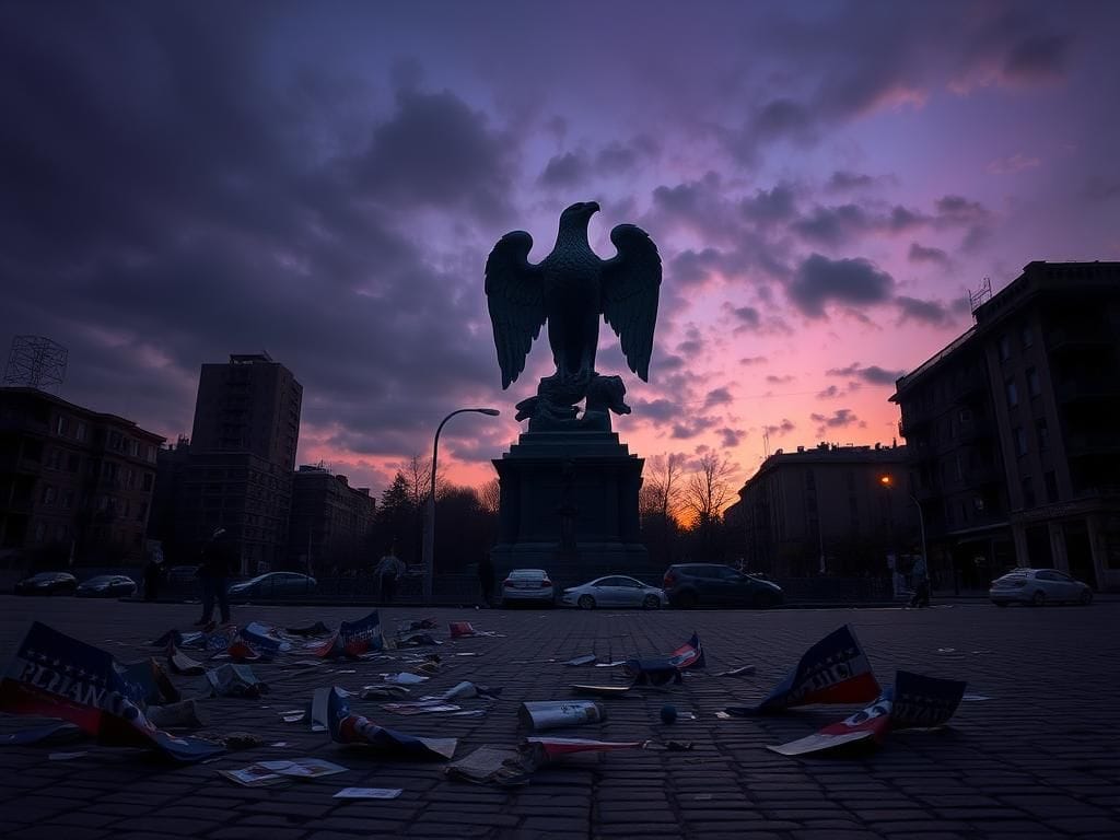 Flick International A dark urban landscape at dusk featuring a crumbling eagle statue symbolizing political power