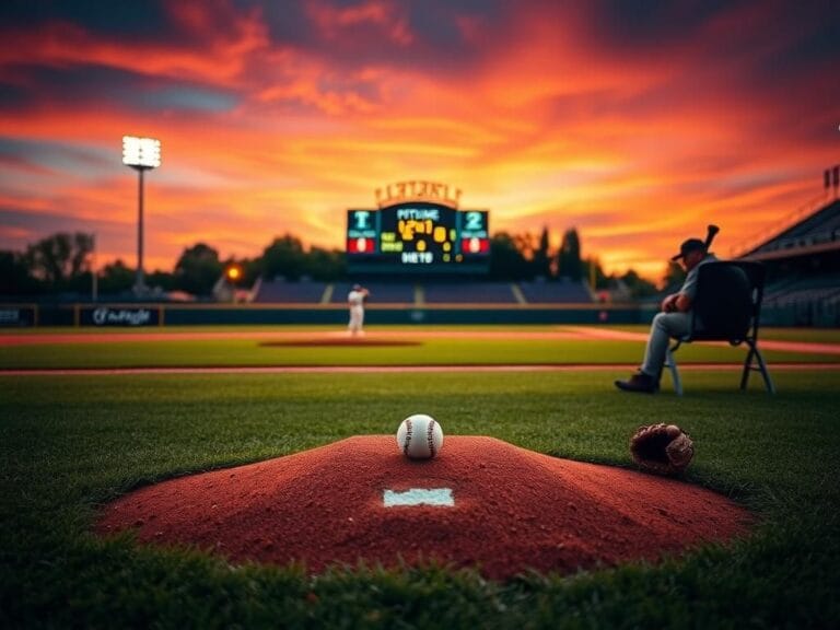 Flick International A baseball diamond at dusk with a visible pitcher's mound and sunset colors in the background