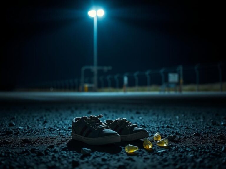 Flick International A dark border checkpoint scene with discarded children's shoes symbolizing lost innocence