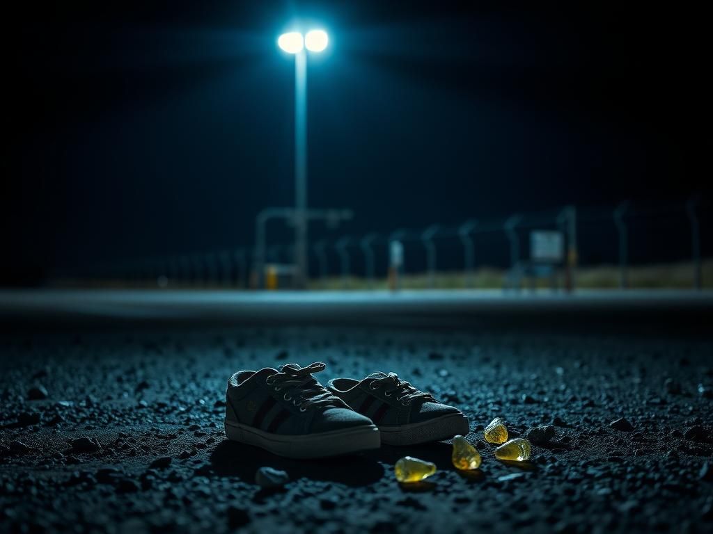 Flick International A dark border checkpoint scene with discarded children's shoes symbolizing lost innocence