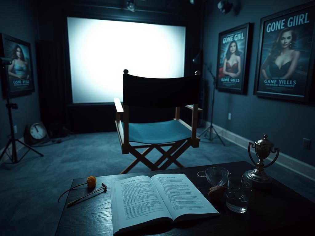 Flick International A dimly lit Hollywood studio featuring a director's chair and an open script of 'Gone Girl'