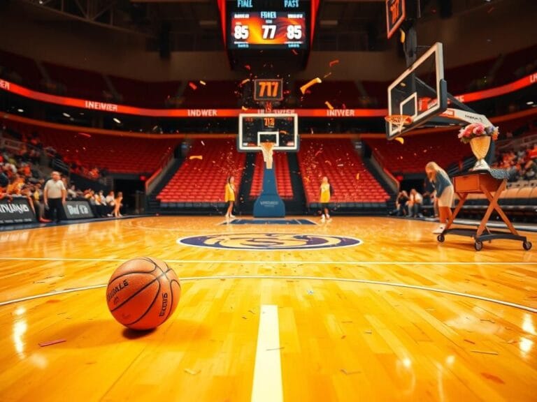 Flick International A basketball court post-game with the Indiana Fever's colors and logo, showcasing a basketball on the center circle.