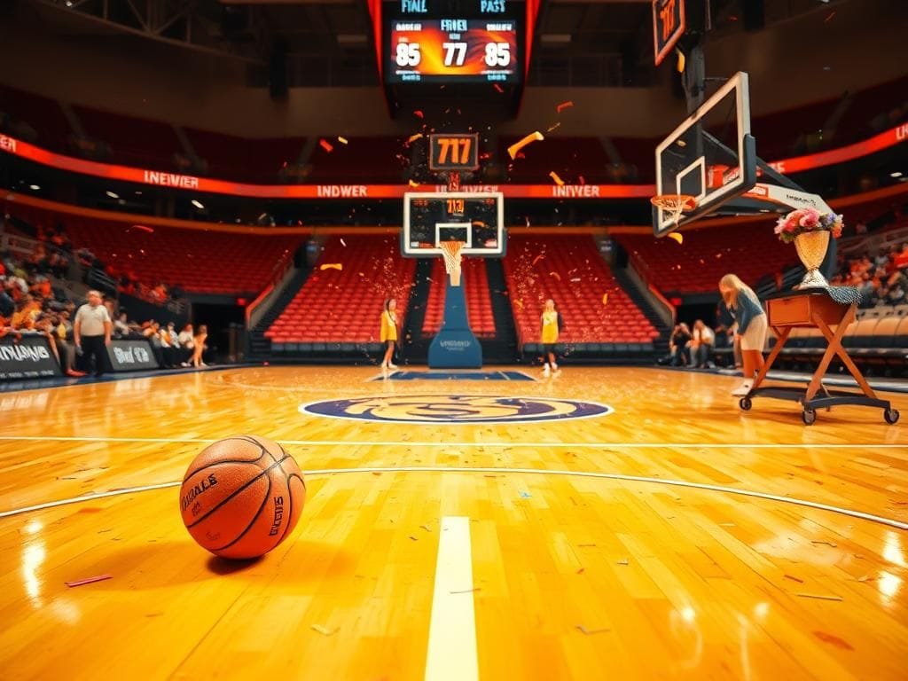 Flick International A basketball court post-game with the Indiana Fever's colors and logo, showcasing a basketball on the center circle.