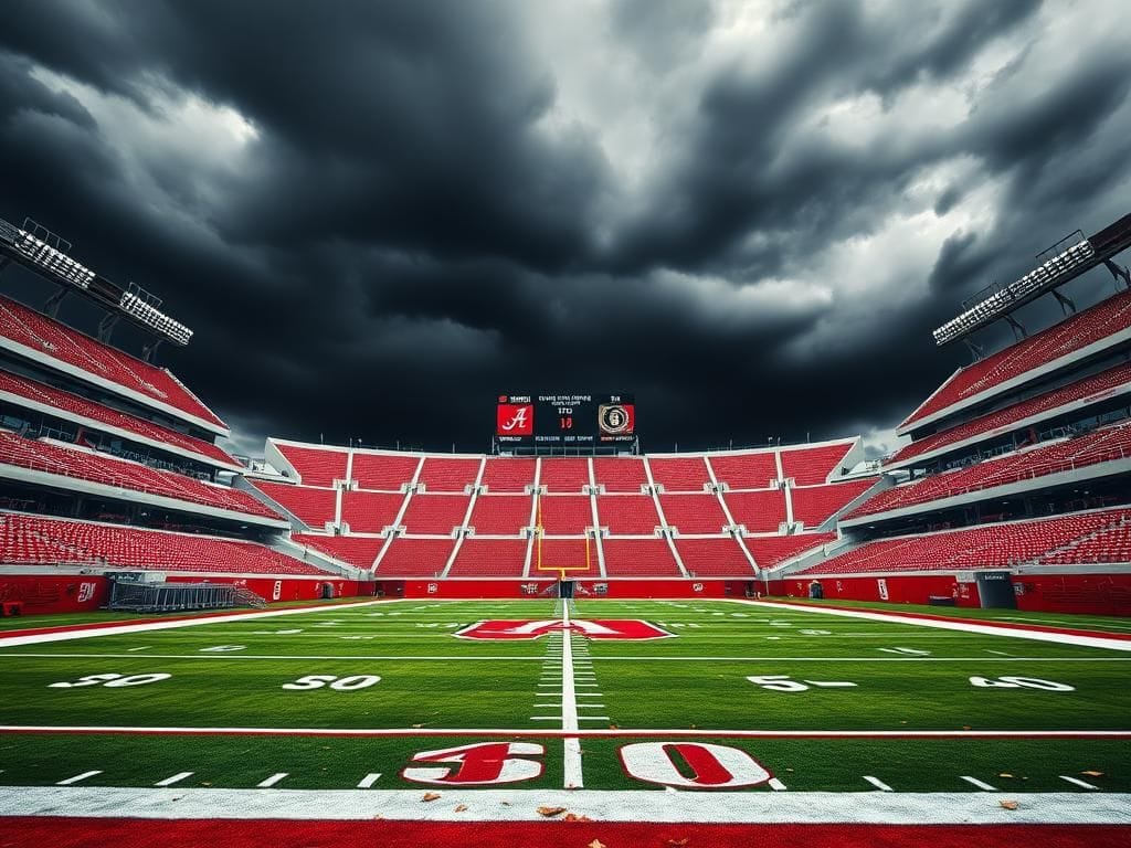 Flick International An empty Alabama Crimson Tide football stadium under a stormy sky, symbolizing disappointment and tension after a loss to Florida State.