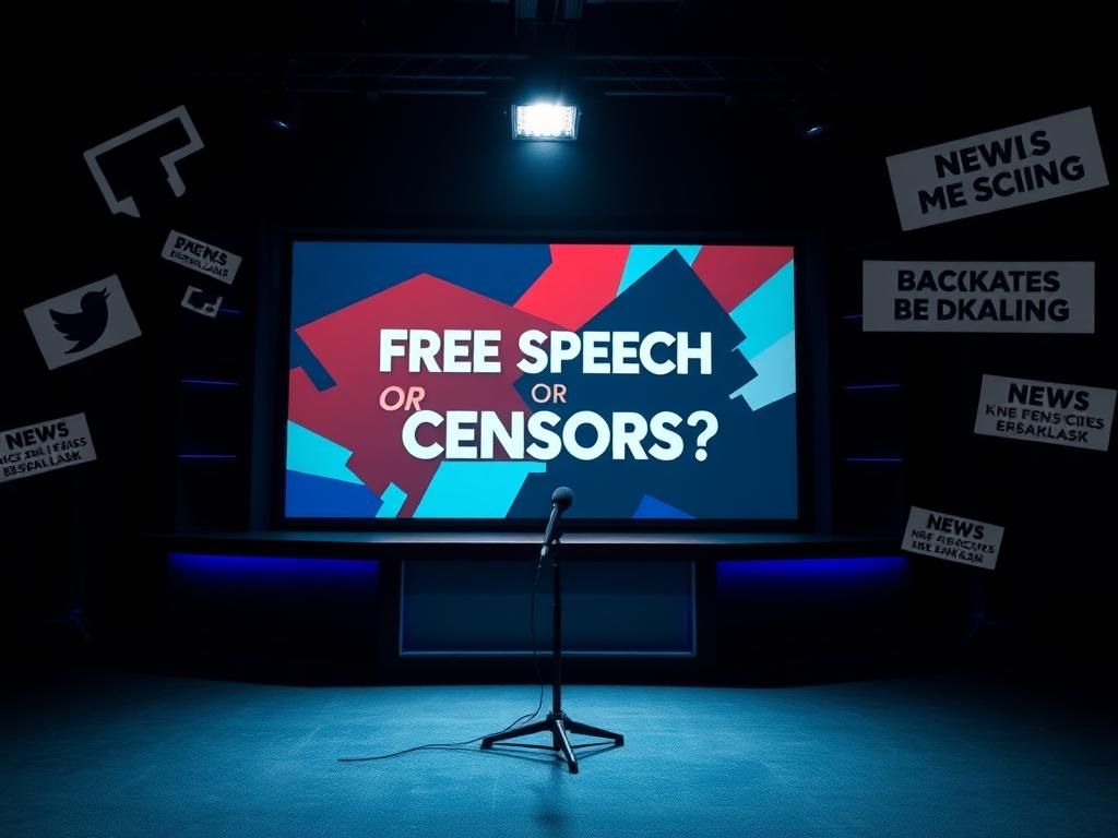 Flick International Dimly lit late-night talk show desk with microphone and graphic about free speech