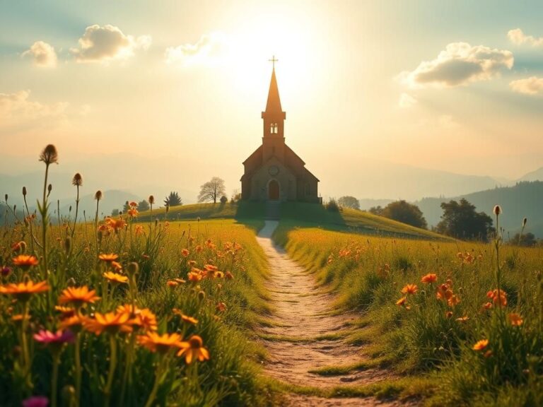 Flick International Serene landscape with a sunlit pathway leading to an old church symbolizing faith