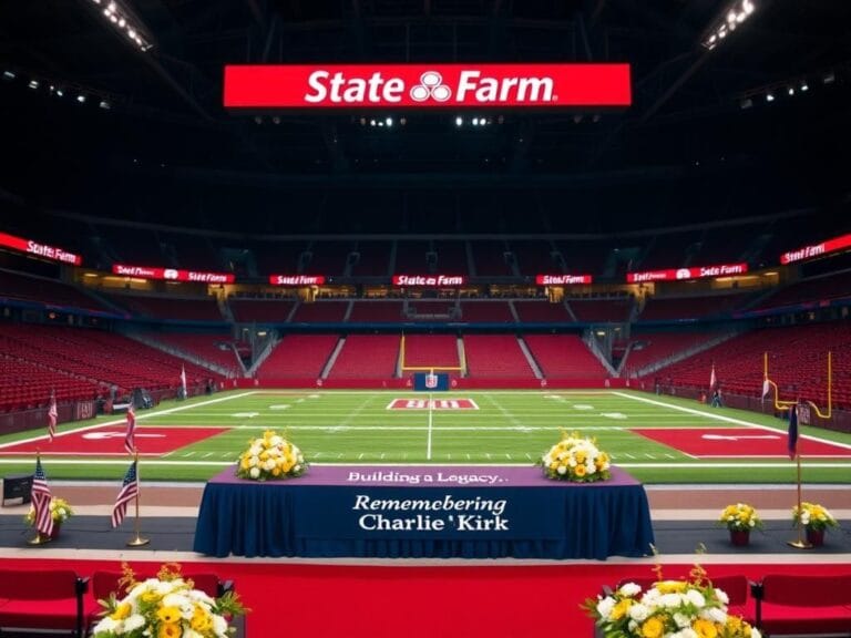 Flick International Serene memorial scene inside State Farm Stadium with floral arrangements and a stage honoring Charlie Kirk