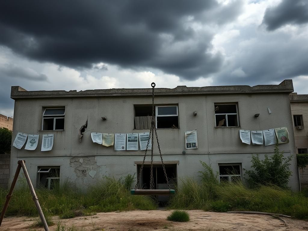 Flick International Somber school building in Gaza with shattered windows and overgrown weeds, highlighting the neglect of educational facilities.