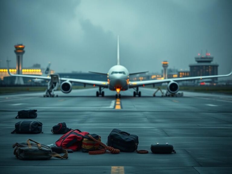 Flick International A dramatic view of an empty airplane with emergency slides deployed at an airport runway during an evacuation.