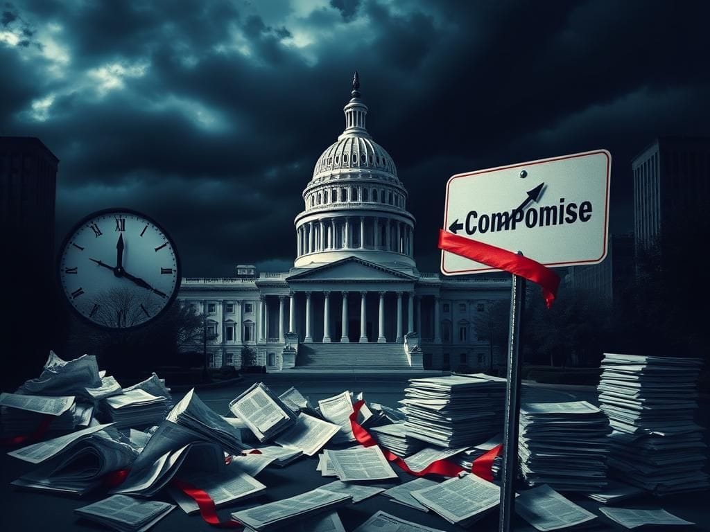 Flick International Dark U.S. Capitol building under ominous sky with ticking clock symbolizing political tension