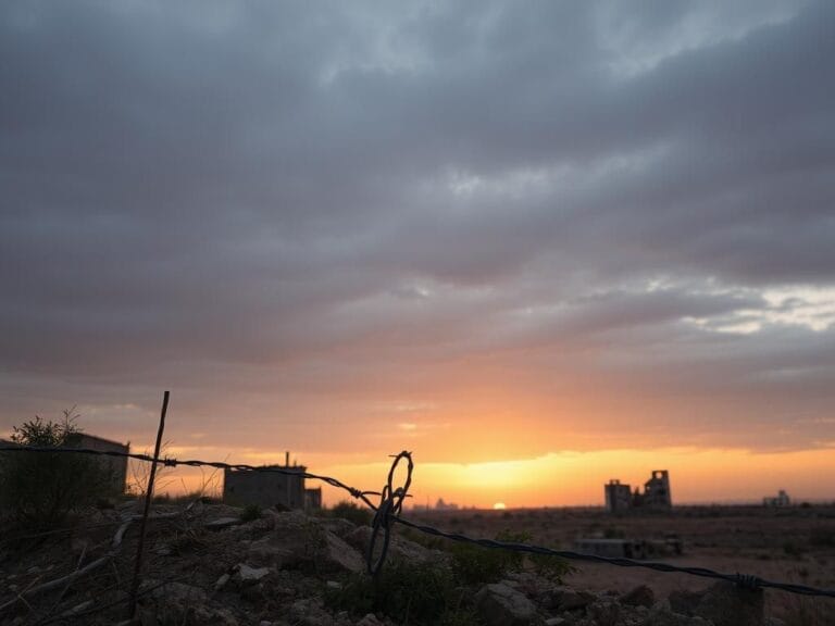 Flick International Desolate landscape of the Gaza Strip with remnants of abandoned buildings and overgrown vegetation