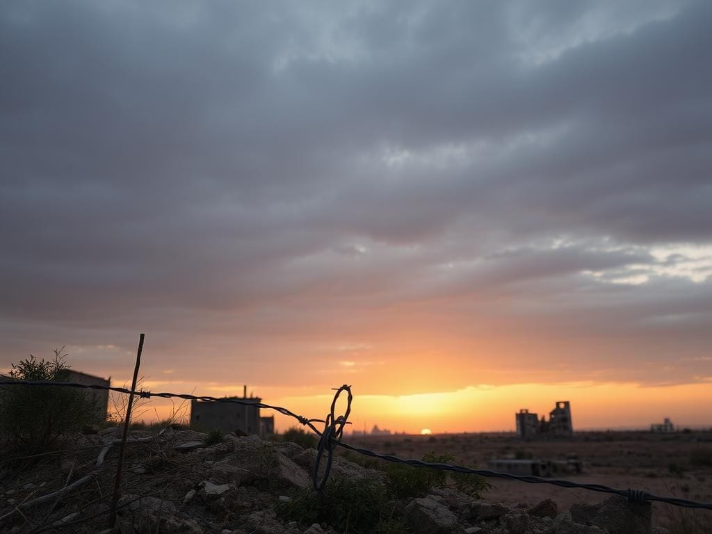 Flick International Desolate landscape of the Gaza Strip with remnants of abandoned buildings and overgrown vegetation