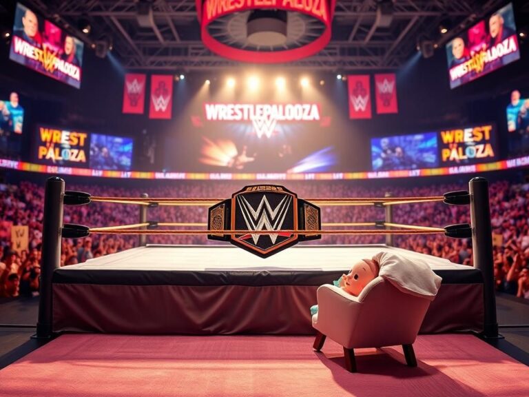Flick International A dynamic wrestling ring set up with the WWE championship belt glimmering in the spotlight, surrounded by a blurred crowd and promotional screens.