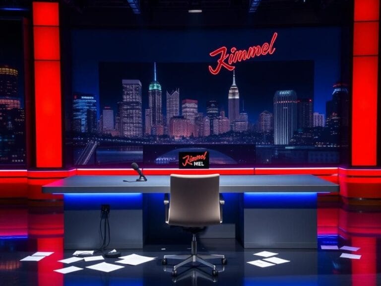 Flick International An empty late-night talk show set featuring a modern desk, microphone, and empty chair symbolizing Jimmy Kimmel's absence