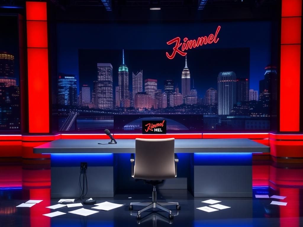 Flick International An empty late-night talk show set featuring a modern desk, microphone, and empty chair symbolizing Jimmy Kimmel's absence
