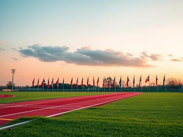 Flick International A serene sports field at dawn with colorful lane markings and state flags.