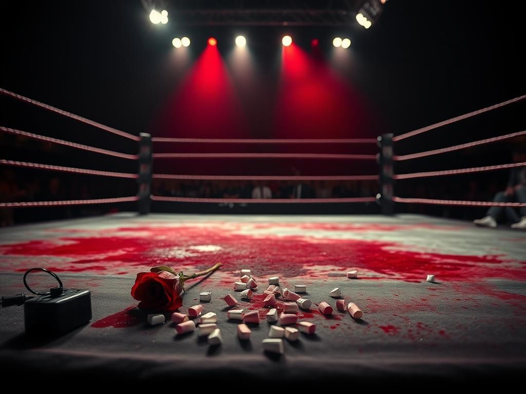 Flick International Dramatic wrestling ring with bloodstained mat and abandoned rose after botched performance