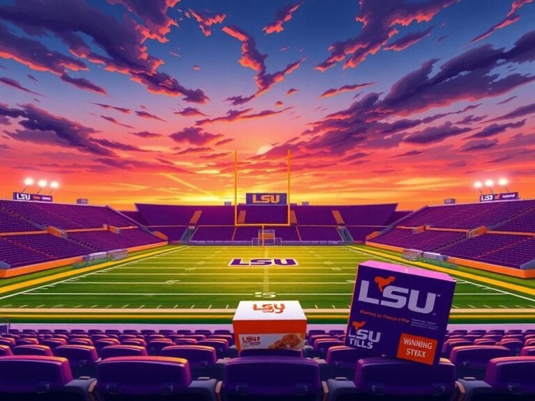 Flick International Empty LSU football stadium at sunset with vibrant purple and gold colors and an unopened Popeyes box